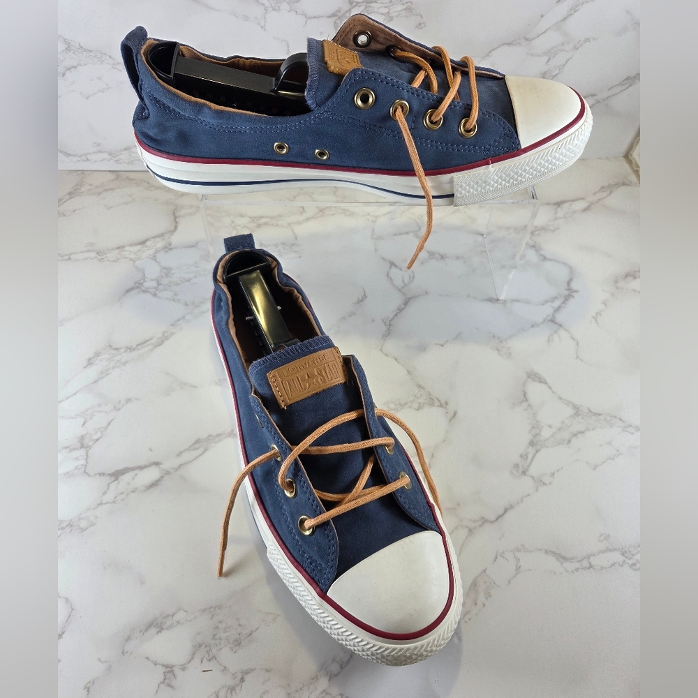 Converse Navy Canvas Low Top Sneakers with Tan Accents - Picture 2 of 6